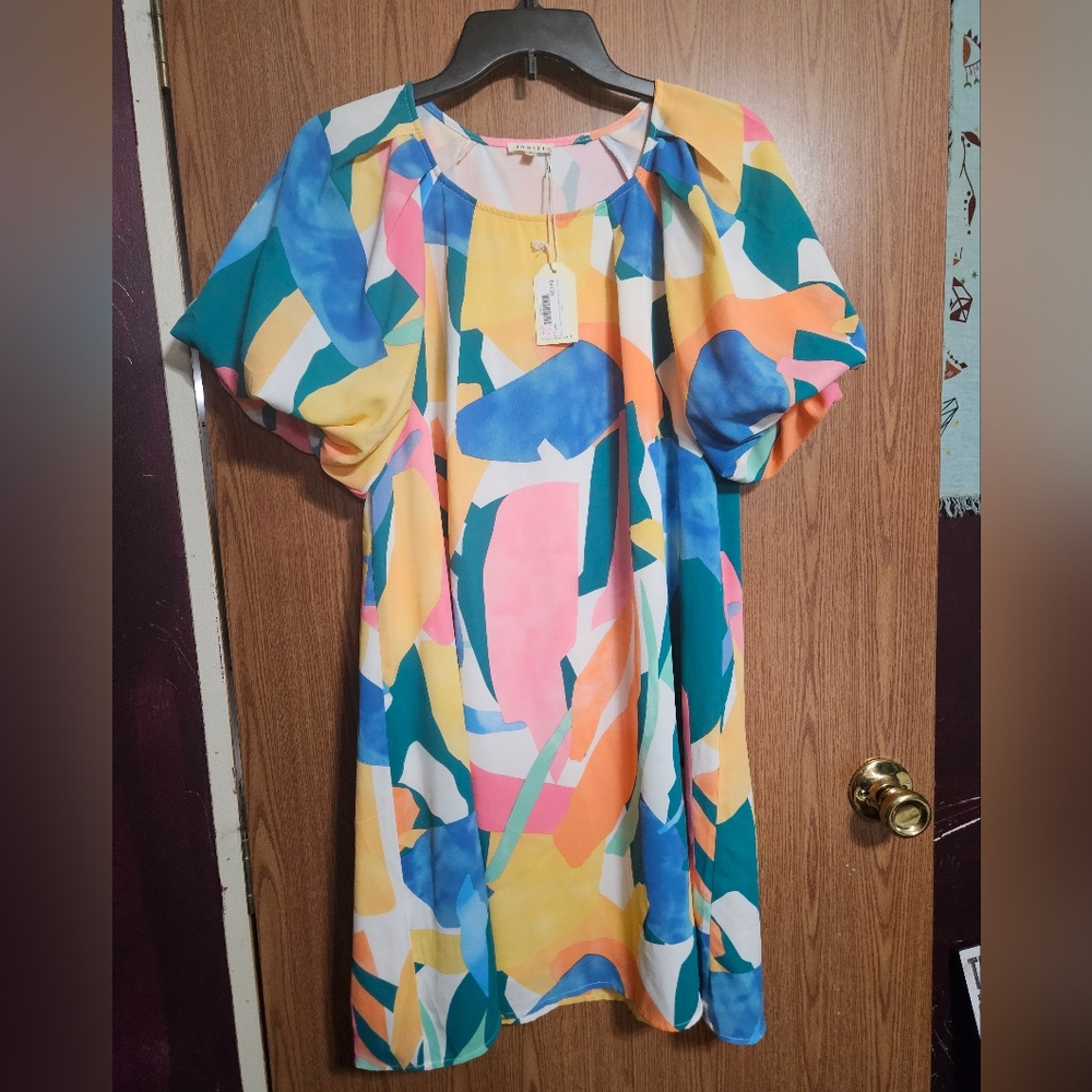 JODIFL Multicolor Abstract Print Mini Dress - Blue, Pink, Yellow, Green, Orange